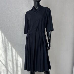 VTG 1960s Elegant Black Midi Shirt Dress with Button-Front Bodice Pleated Skirt